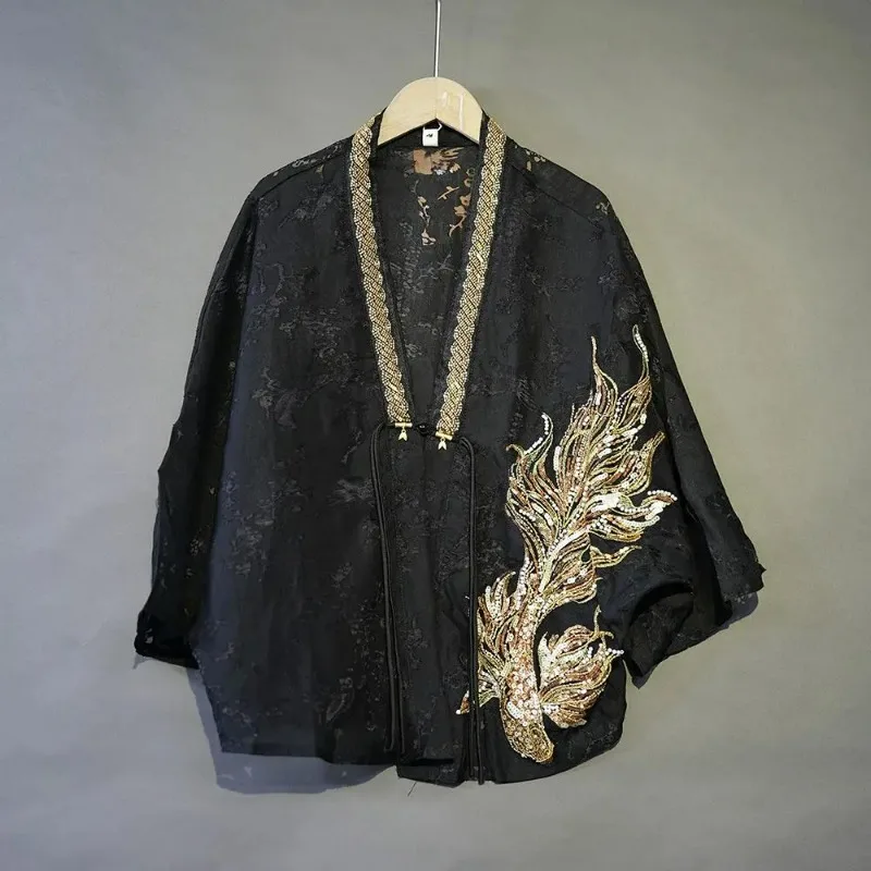 

2025 New Summer Sequined Beading Loose Black Jacket Women Chinese Style Lace Hollow Out Long Sleeve Breathable Womens Thin Coat