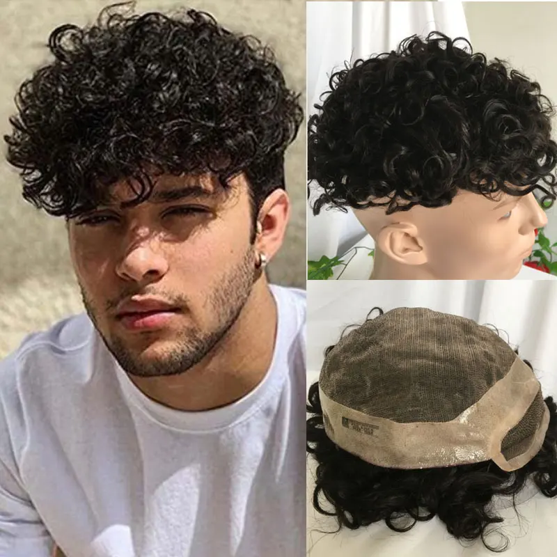 100%Human Hair Toupee For Men HairPieces Men Wigs Curly Hair Lace Frontal Mono Lace Top 8*10 20MM Man Hair Toupee Natural Black