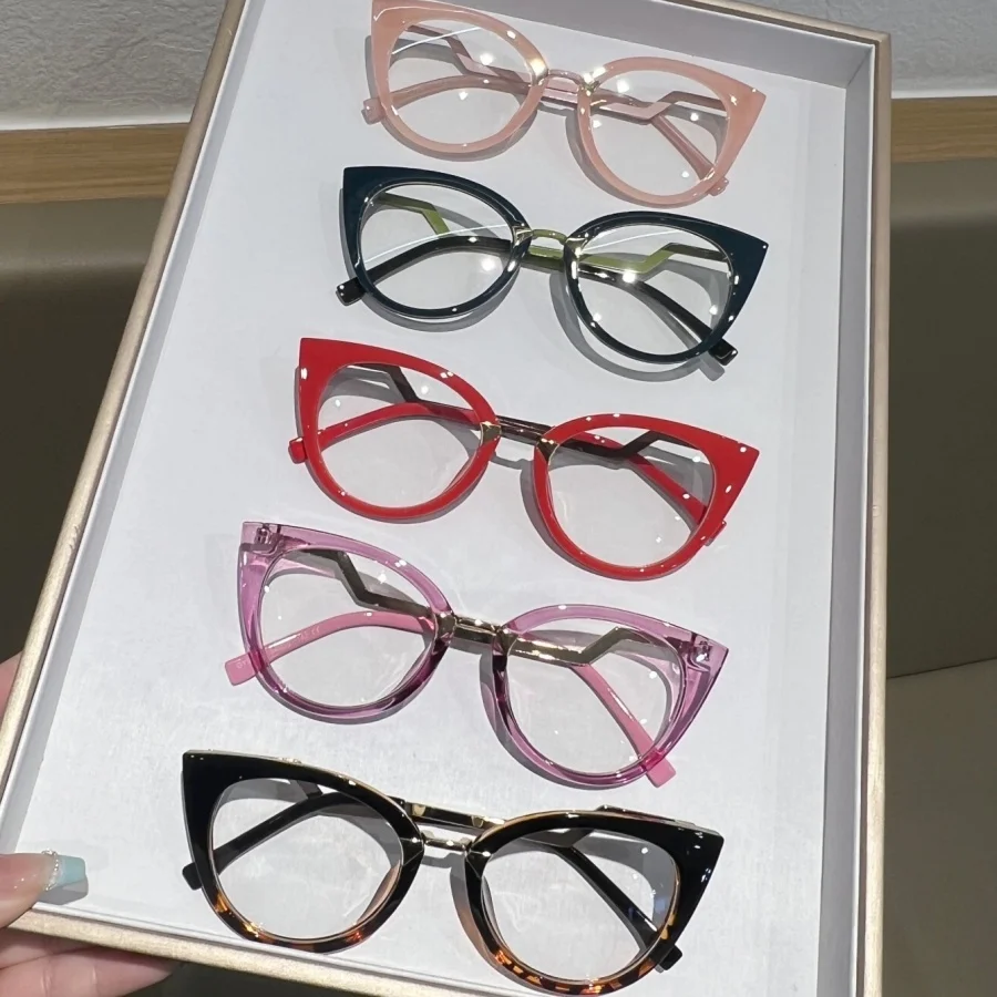 1Pc Unisex Stylish Retro Cat Eye Design, Curved Legs, Flat Glasses, Metal Accessories, Trendy, Retro, Sweet