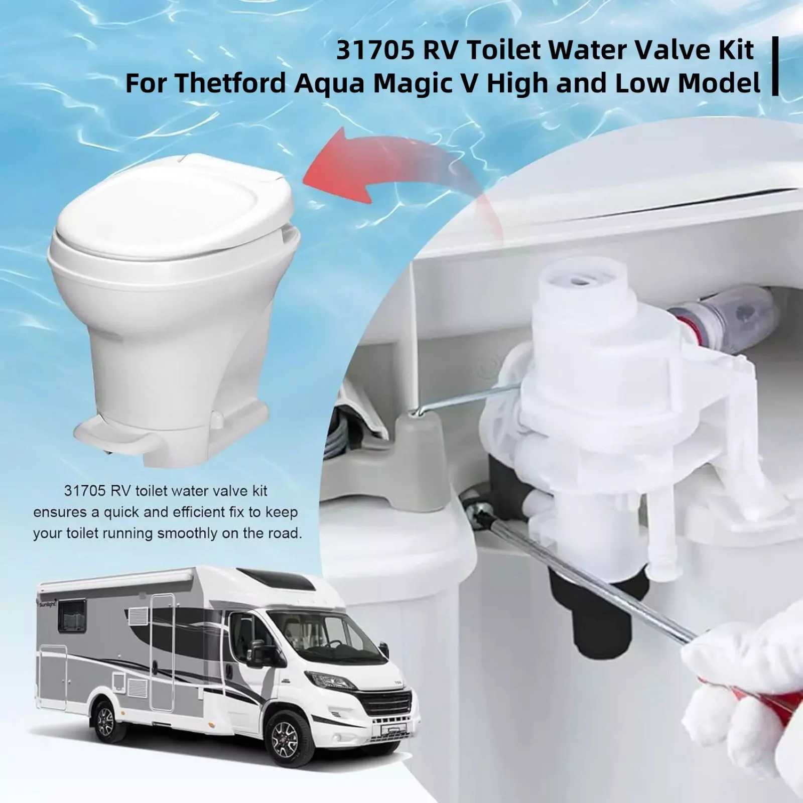 31705 Kit de válvula de agua para inodoro RV para Thetford Aqua-Magic V modelo alto y bajo accesorios de inodoro RV 31688 31705 31683 31687