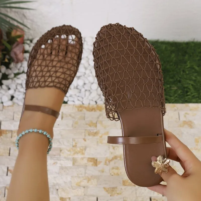 Women's Flat Sandals Round Toe Mesh-Look Upper Metallic-Look Finish Slingback Slip-On Casual Summer Beach Shoes Everyday Wear