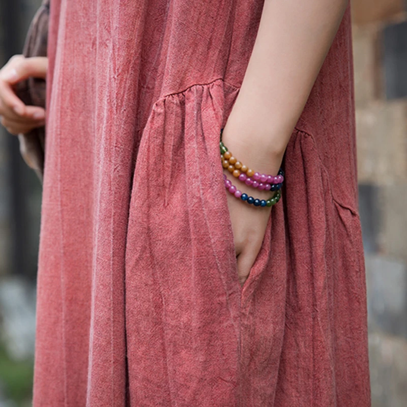 short - sleeved Dress Long-Length Literature and Art Retro Spring Summer  Cotton and Linen Loose Thin National Style