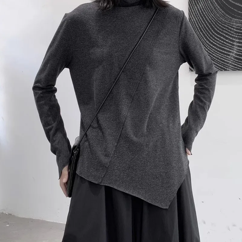 Johnature Solid Color Irregular Long Sleeve Base Shirt With Turtleneck New Casual Simple Top For Autumn Winter