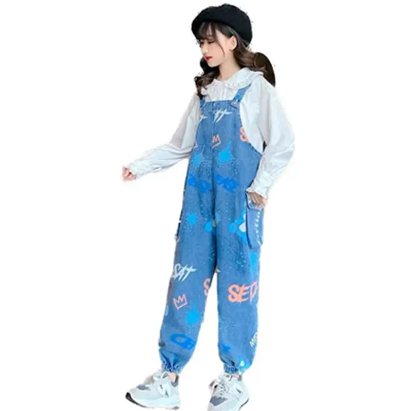 

Girls Overall Jumpsuit 2023 Fashion Cartoon Graffiti Print New Fashion Teen Children Cute Jeans Suspender with Pockets Overalls