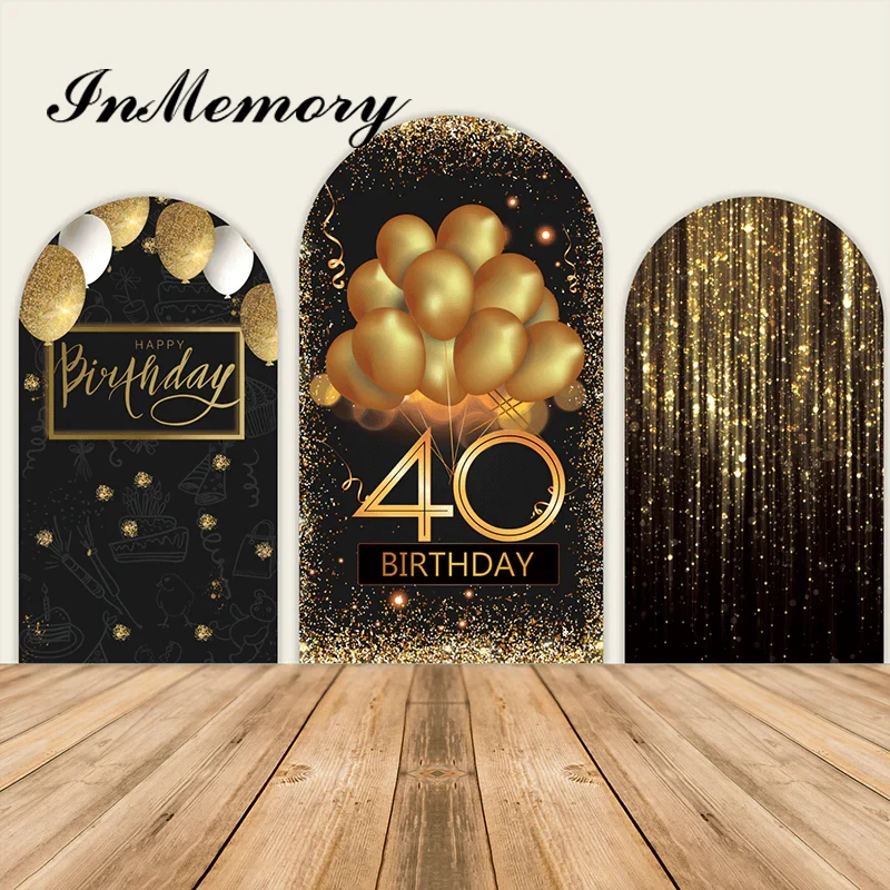 

Black Gold Glitter 40th Birthday Party Chiara Arch Backdrop for Adult Balloons Photography Background Elastic Cover Customized