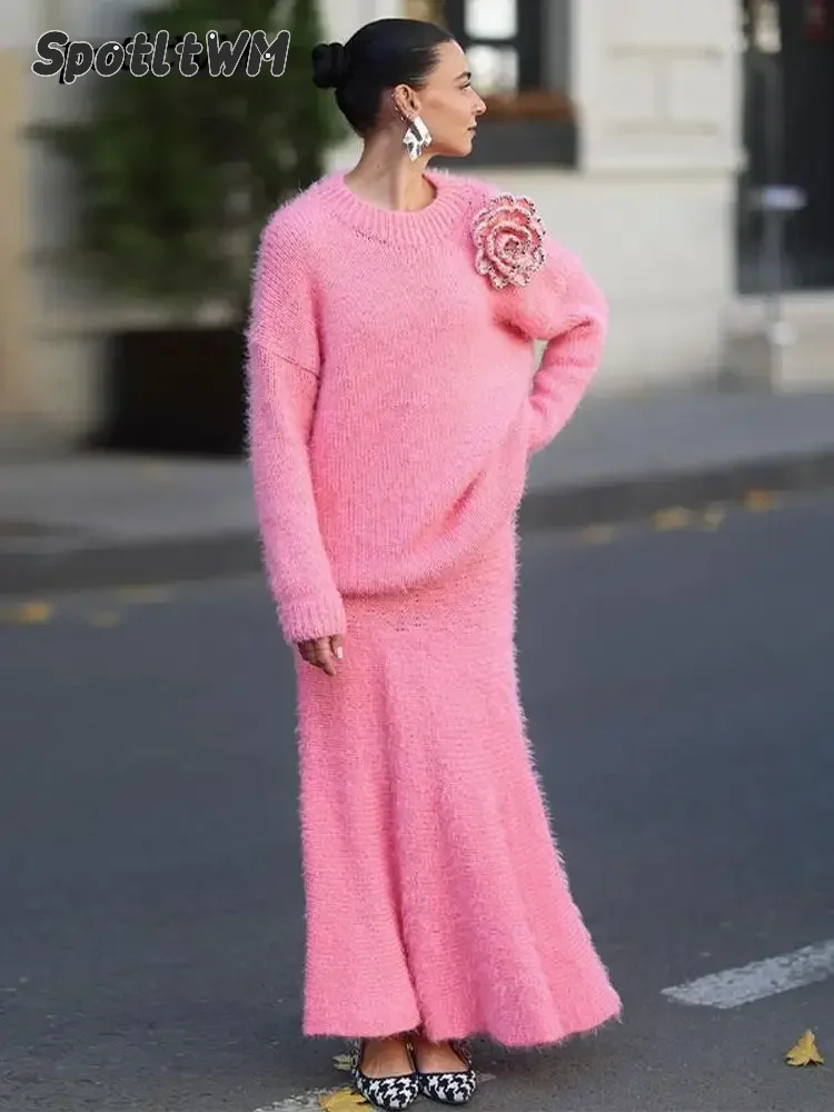 Pink O-neck Loose Mohair Sweater Long Skirt Set Full Sleeve 3d Flower Pullover Mermaid Skirt Suits 2024 Fashion Street Outfits