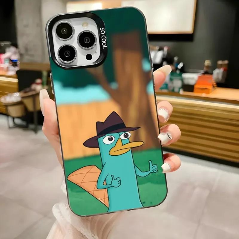 حافظة هاتف كارتون بيري The Platypus لهاتف آيفون 17,16,15,14,13,12,11,Pro,Max,Plus,Anti Fall Black Matte Hard Bumper