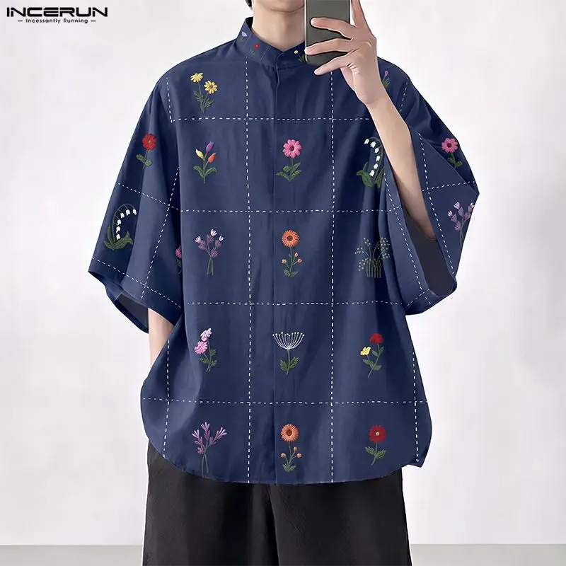INCERUN Men's Shirt Flower Printed Stand Collar Half Sleeve Loose Men Clothes Streetwear Summer Vacation Casual Tops Male Shirts