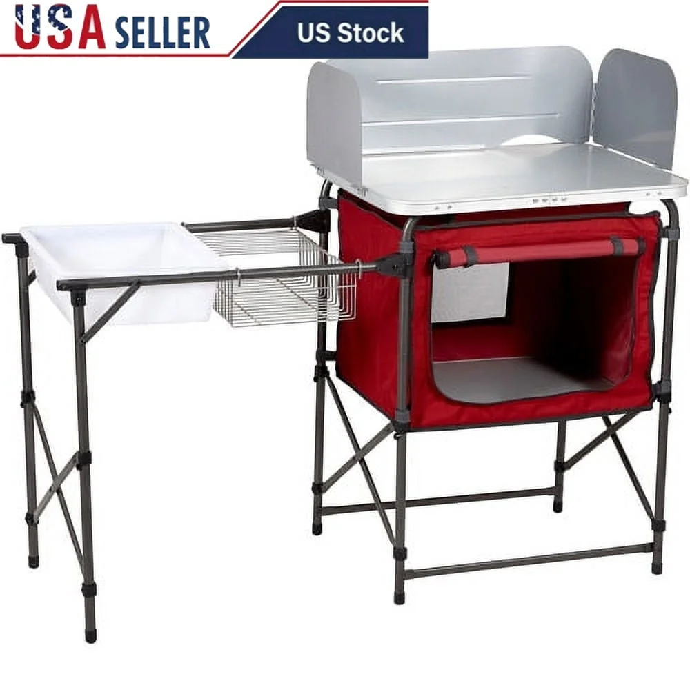 

Deluxe Camping Kitchen with Storage Folding Sink Table Portable Grill Table Outdoor Cooking Organizer Easy Clean Setup