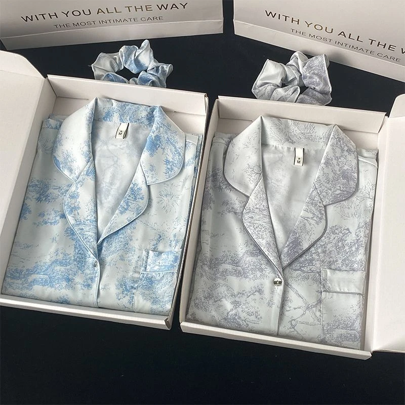 

Autumn Winter New Ice Silk Women's Home Clothes Lapel Button Cardigan 2 Piece Outfit Set Women Senior Printing Pajamas for Women