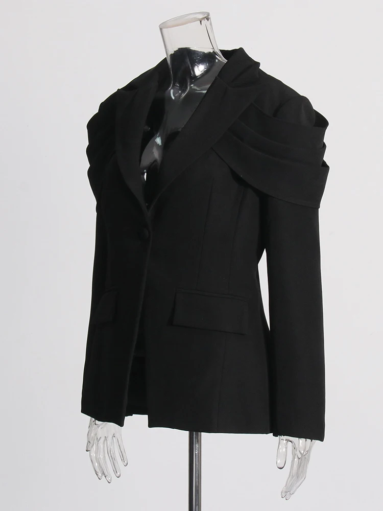 TWOTWINSTYLE-Chaqueta con pliegues empalmados para mujer, Blazer elegante de manga larga con cuello con muescas y botones de retales