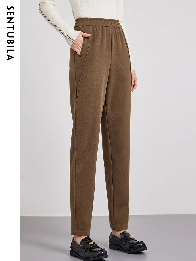 SENTUBILA Thermal Slacks Pencil Pant Women Autumn Winter Elastic Waist Trousers Warm Brushed Plus Velvet Female Pants 134K52491