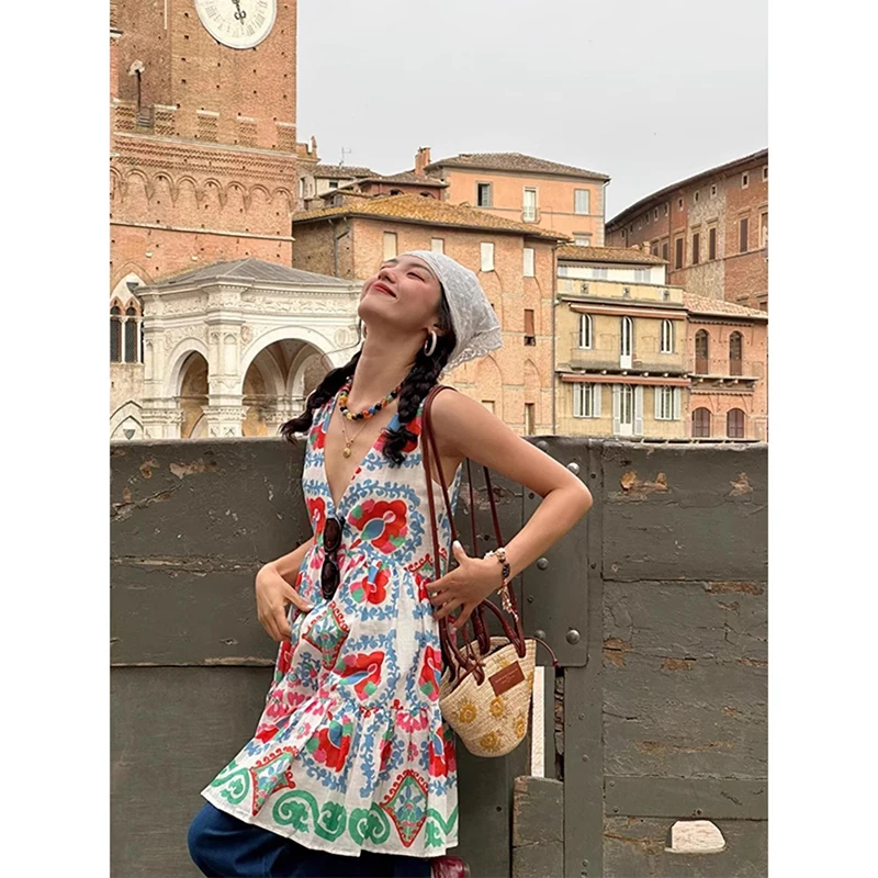 

Pattern Suspender Dress Woman Retro Bohemian Sleeveless Mini Vest Dresses Summer New Slim V Neck A Line Female Holiday Vestidos