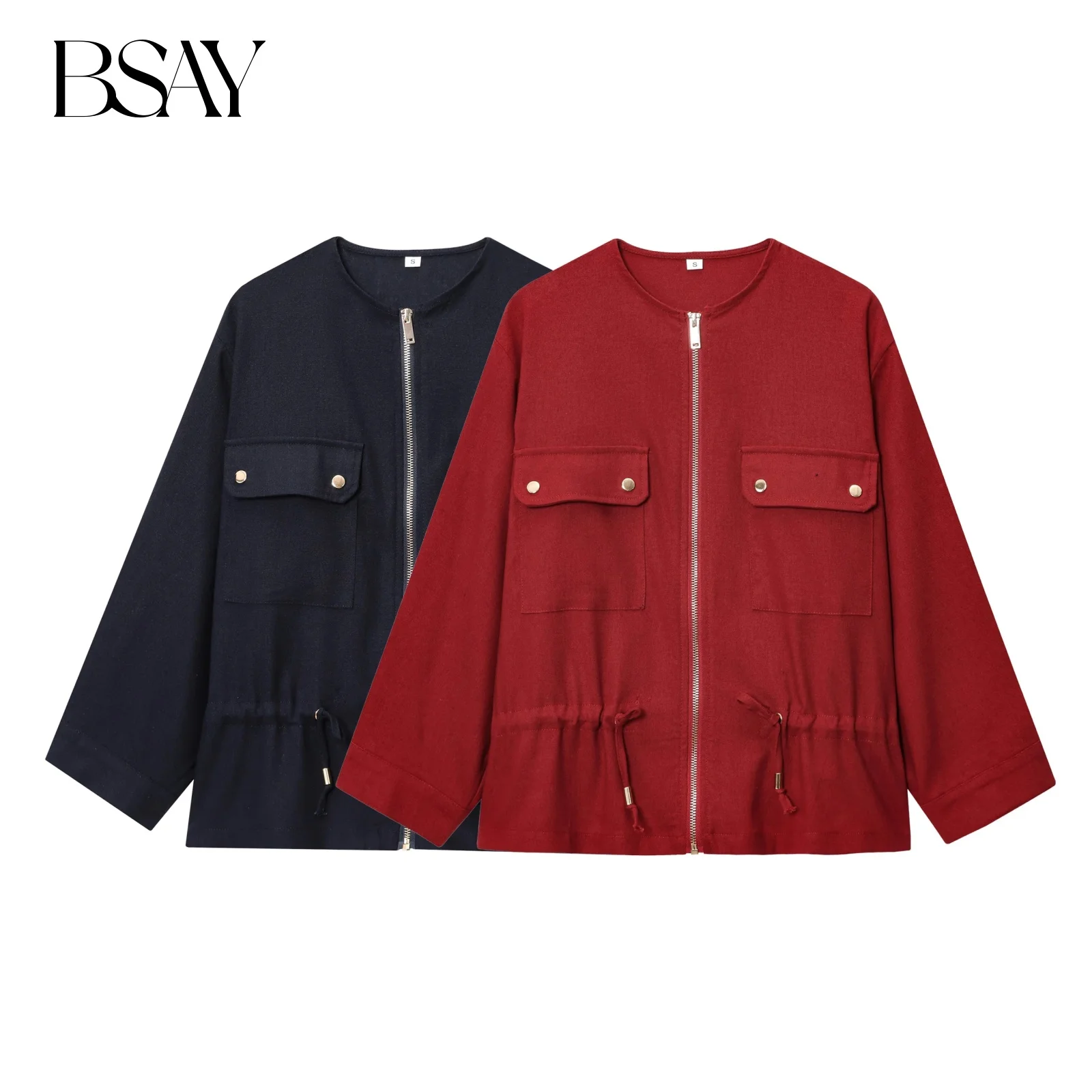 

BSAY Льняная смешанная куртка для женщин, модная весенняя новая однотонная куртка с карманами и длинными рукавами, круглым вырезом, на молнии, короткие пальто, женские топы