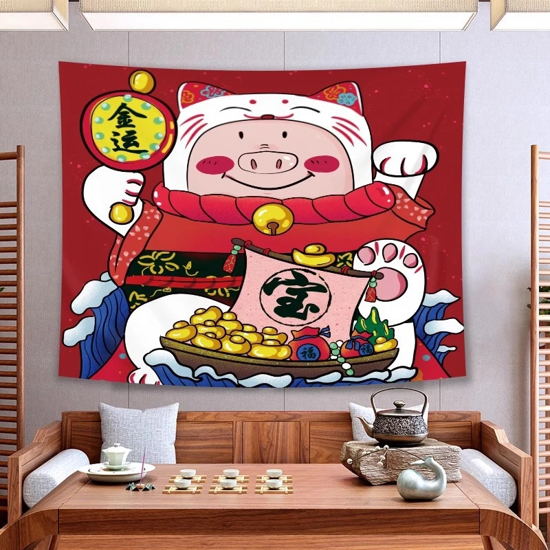 VIKAMA Lucky Cats Tapestry Wall Hanging Maneki Neko Gold Ingots Wealth Prosperity Red Aesthetic Wall Art Living Room Decor