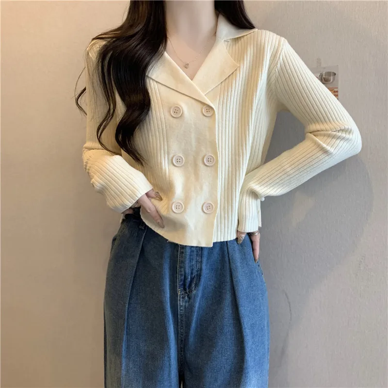 

Oversized Spring Autumn Knitwear Fashion Turn-down Collar Full Sleeve Double Breasted Women Sweater Casual Short Tops