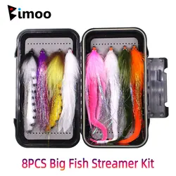 Bimoo 2/0 8pcs Big Fish Streamer Kit W/ Waterproof Box Dargon tail Pike Rainbow Zonker Streamer Fly Muskie Bass Sea Fish Lures
