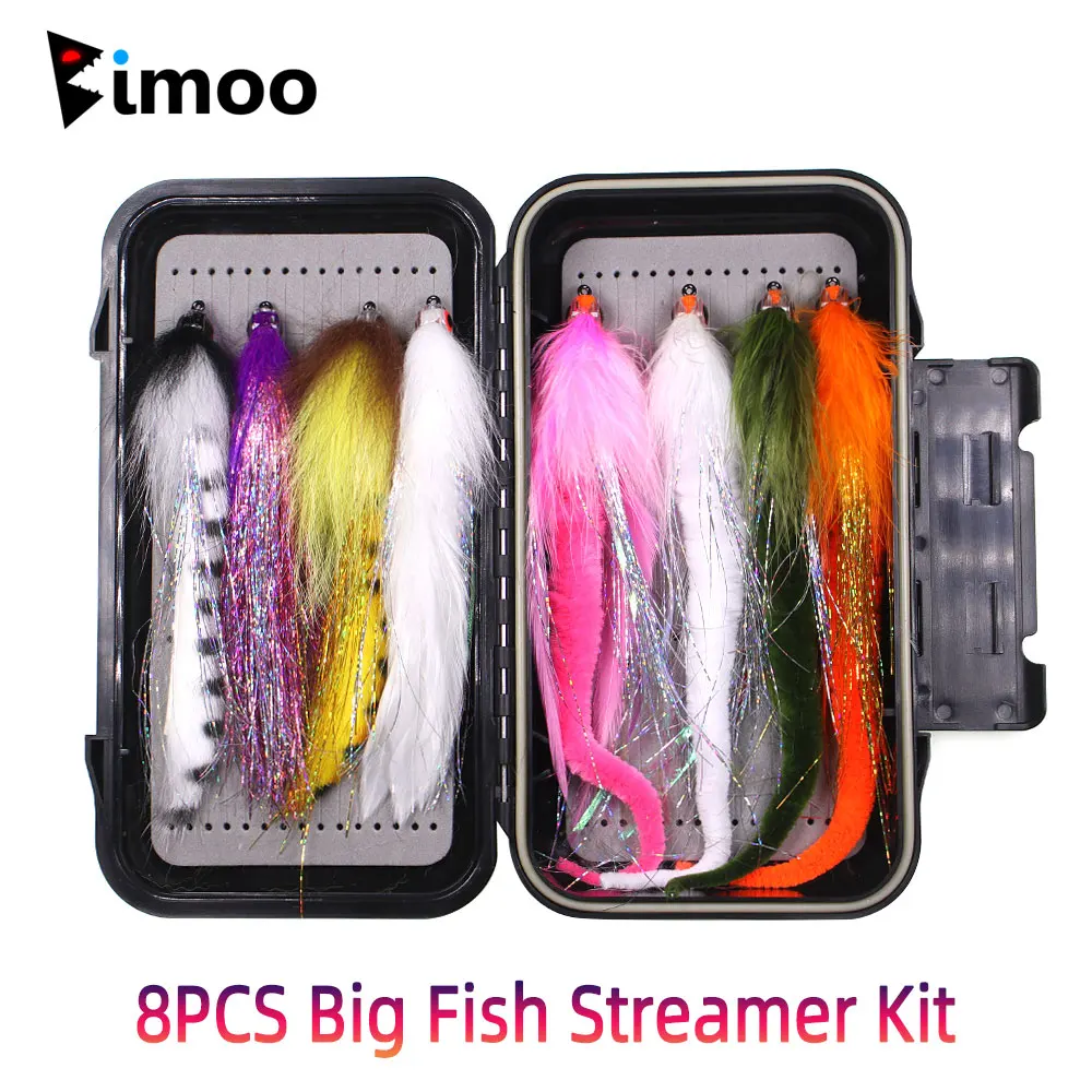 Bimoo 2/0 8pcs Big Fish Streamer Kit W/ Waterproof Box Dargon tail Pike Rainbow Zonker Streamer Fly Muskie Bass Sea Fish Lures