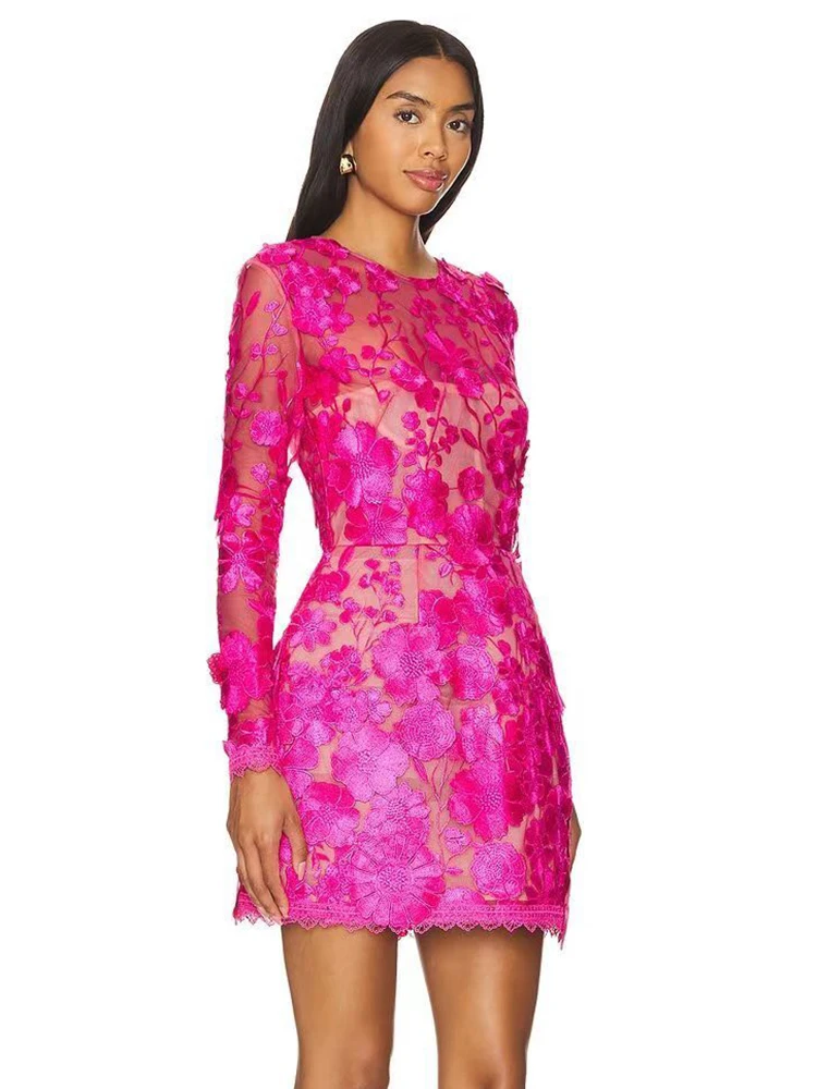 Gala Romantic Glamour 3D Floral-Embroidered Hot Pink Lace Sheer Mini Dress Formal Evening Gown