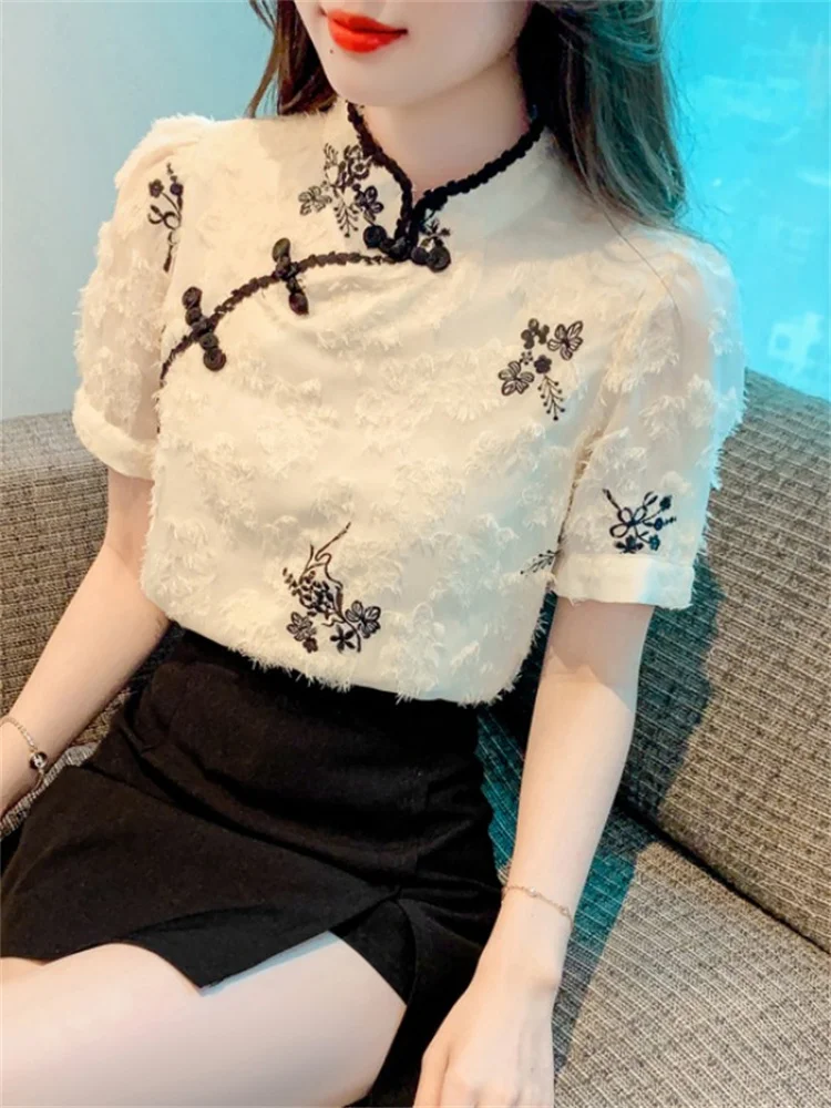 

Шикарная дизайнерская блузка из натурального шелка для женщин: летняя, винтажная, в китайском стиле, с рукавами-фонариками, элегантная, эксклюзивная серия