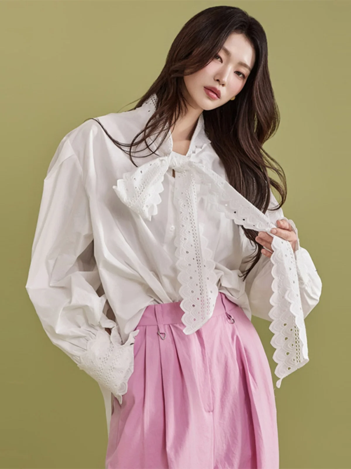 

Женская блузка Ele Long Sve с очаровательным кружевным узлом, из чистого хлопка, для весны и лета, модная, в интеллектуальном стиле