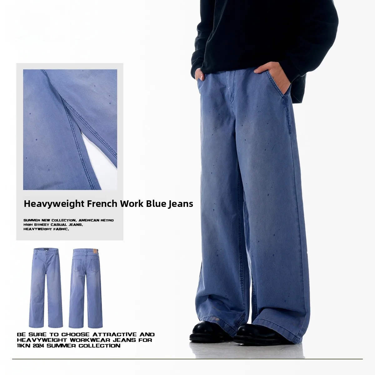 

Retro American Waed Blue Jeans Men's Loose Straight Leg Casual Cotton Denim Pants Vintage Faded Effect All Seasons Wear