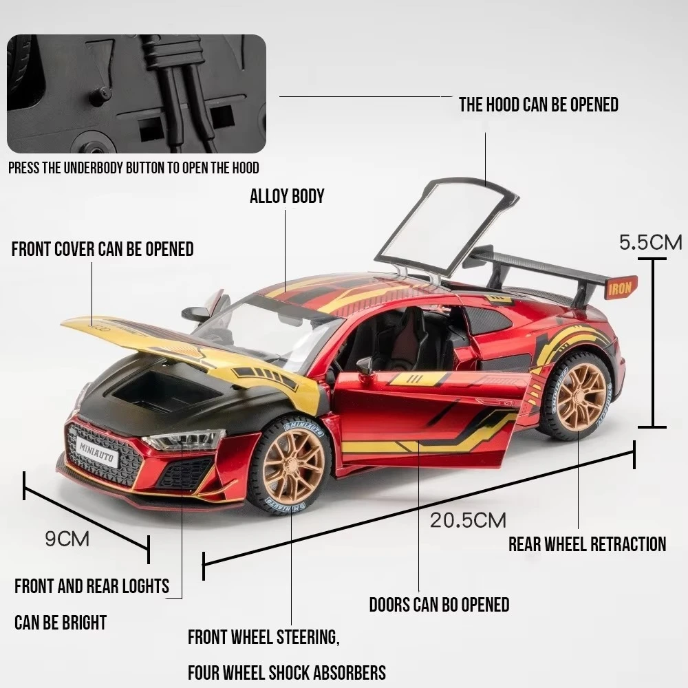 1:24 Scale R8 Racing Car Model Toy Alloy Diecast Vehicles Simulation Light Sound Rubber Tires Sports Cars Models for Kids Gifts