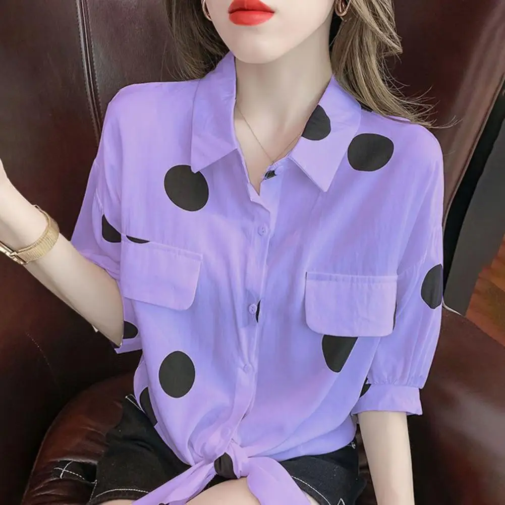 Dot Print Shirt Loose Fit Lapel Long Sleeve Women\'s Shirt Single Breasted Workwear with Fake Flap Pockets Featuring Dot Print