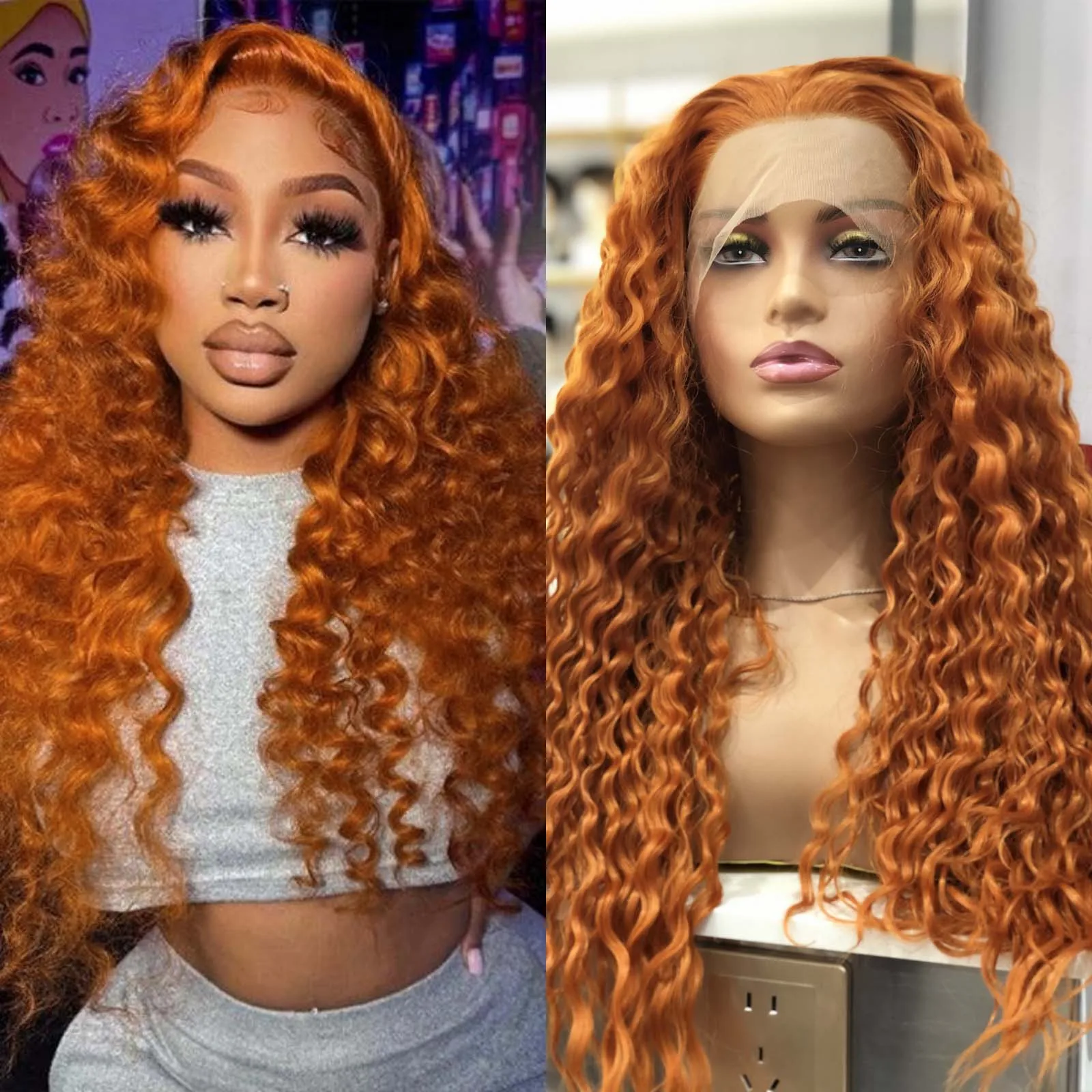 Ginger Wig Deep Curly Synthetic Hair Lace Front Wig Kinky Curly Orange Colored Hair Lace Frontal Wigs for Women Party Cosplay