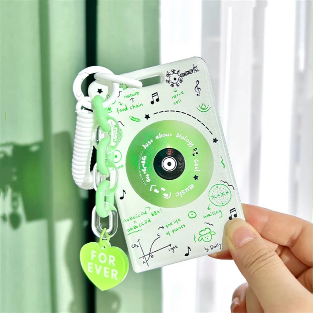 Cd Record Machine Sliding Card Holder Keychain Cartoon Student Meal Card Bus Card Women Id Credit Card Holder Case
