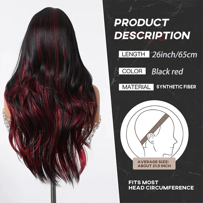 Long Wavy Black Blend Red Wig with Bangs Black Highlight Red Synthetic Wig for Punk Costume Cosplay Colorful Wig