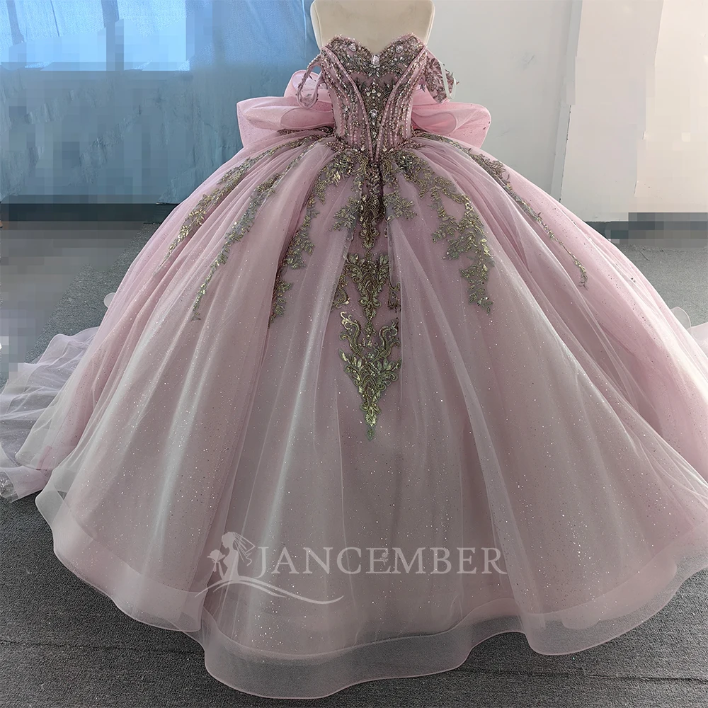 Customized Fashion Quinceanera Dresse 3D Flower Bead Applique Ball Gown Bow Luxury Party Dress Off Shoulder Vestidos de novia
