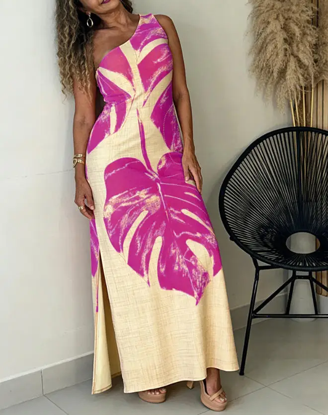 

2026 New Product Women's Vacation Style Printed One Shoulder Plus Size Dress, Side Seam Slim Fit Dress with Pockets and Zipper