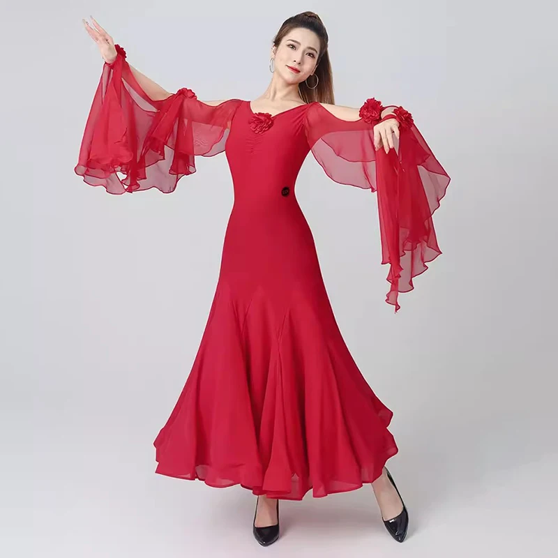 New Modern Dance Dress Elegant Flower Floating Sleeves Women Ballroom Dance Costume Big Swing  Party Waltz Performance Clothes