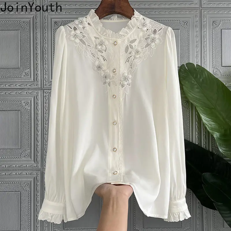 Elegant Women Tops Stand Neck Long Sleeve Ruffles Blouses Fashion White Shirts Hollow Out Vintage Shirts Femme Blusas Clothes