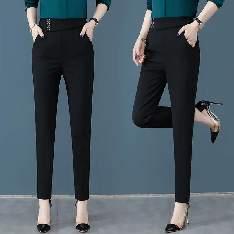 Office Lady Casual High Waist Black Pockets Pants Summer Commute Fashion All-match Button Spliced Trousers Women\'s Clothing