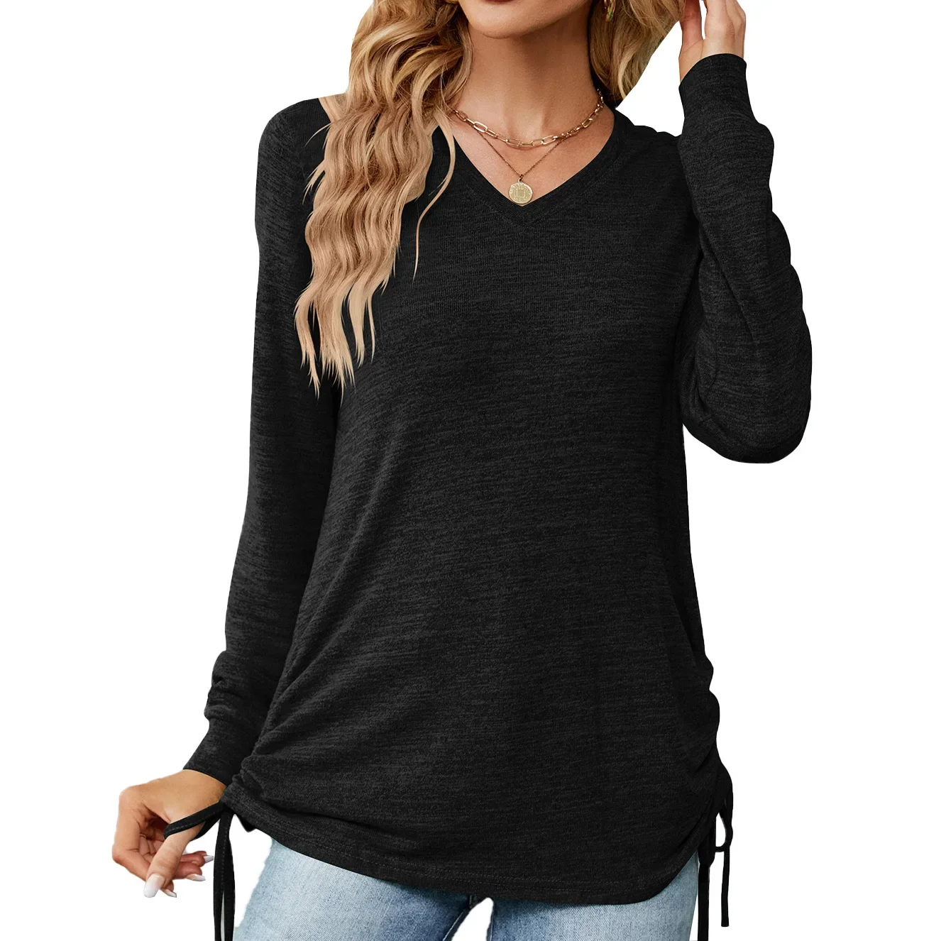 Autunno Inverno delle nuove donne con scollo a V pieghettato tinta unita manica lunga allentata T-shirt top in cotone casual pullover fasciatura T-shirt