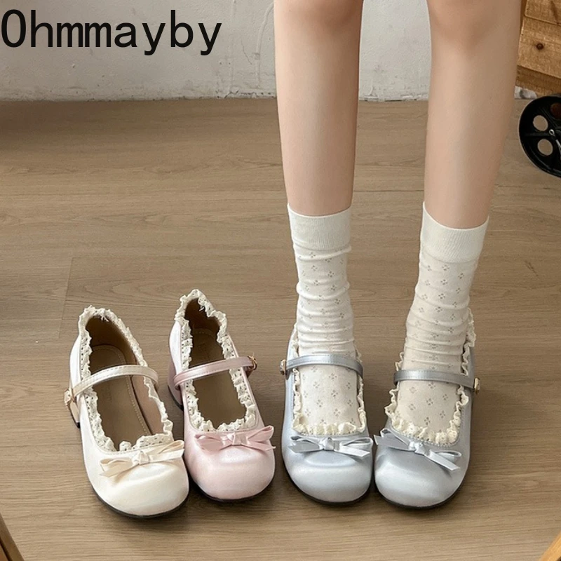 Lace Butterfly-knot Women Mary Jane Shoes Lolita Style Cute Party Dress Midi Heels Shoes Ladies Elegant Single Pumps Shoes