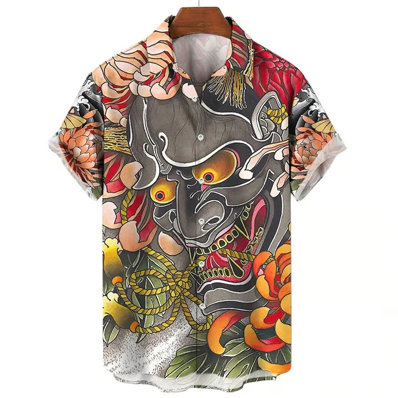 Vintage Shirt For Men Samurai Print Short Sleeve Male Camisa Lapel Buttons Female Clothing Casual Fashion Tops Oversized Blouses