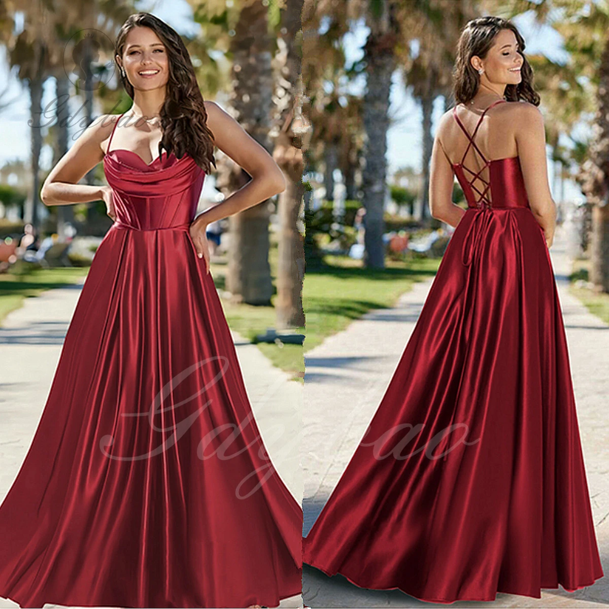 

Women’s Spaghetti Straps Cowl Neck Bridesmaid Dresses with Pockets Long Pleats Formal Dress