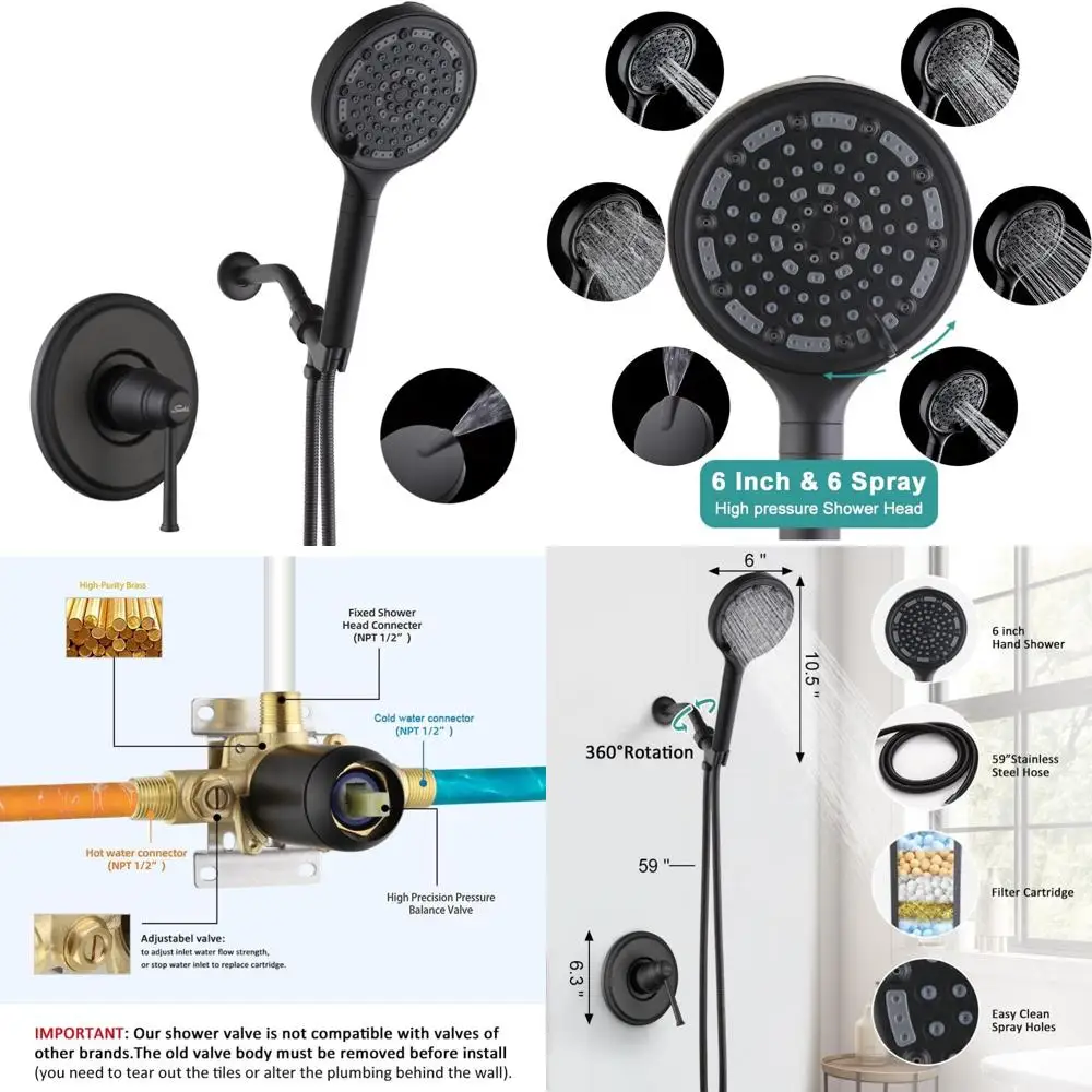 مجموعة صنبور دش عالي الضغط مقاس 6 بوصات مع 6 أوضاع رش ورأس دش مفلتر، بما في ذلك رأس دش ومرفق يدوي