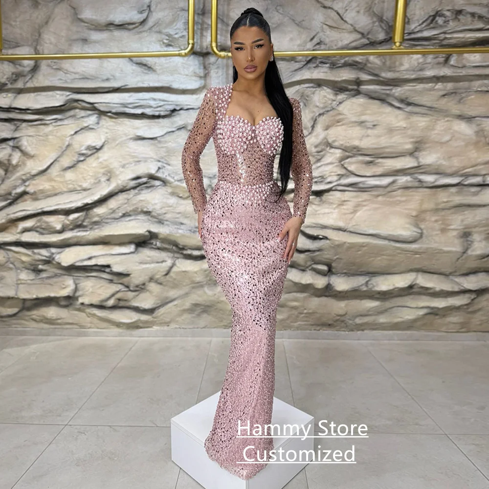Sparkling Pearls Evening Dress Customized Long Sleeves Sweetheart See Through Floor Length Robe De Soiree Prom Gown Pageant image 4