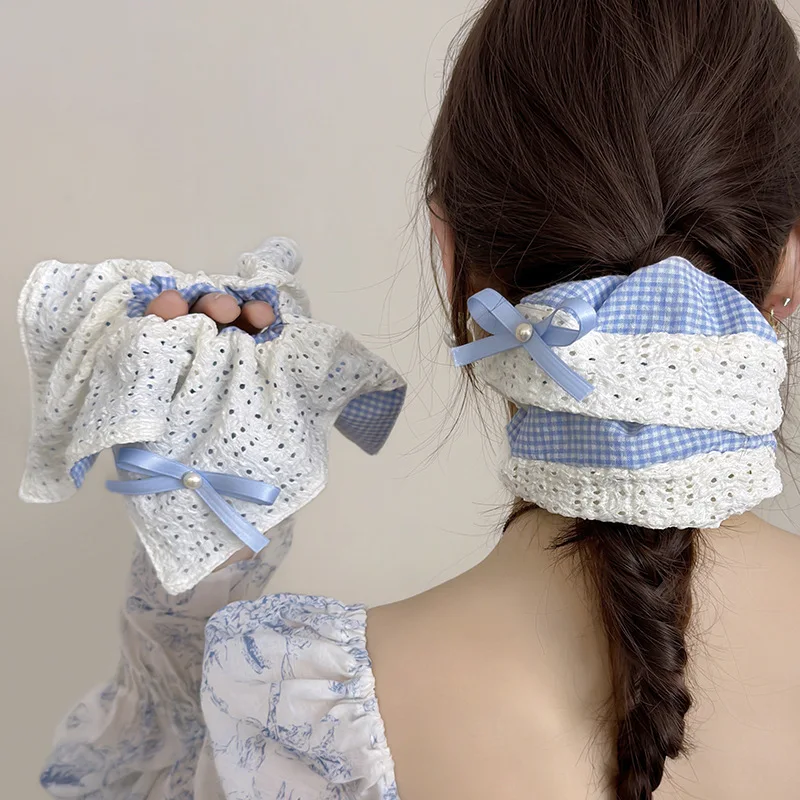 1pc Preppy Blue Plaid Bow Scrunchie Ballet Style High Elastic Hair Tie for Women Low Ponytail Holder Chic Daily Wear