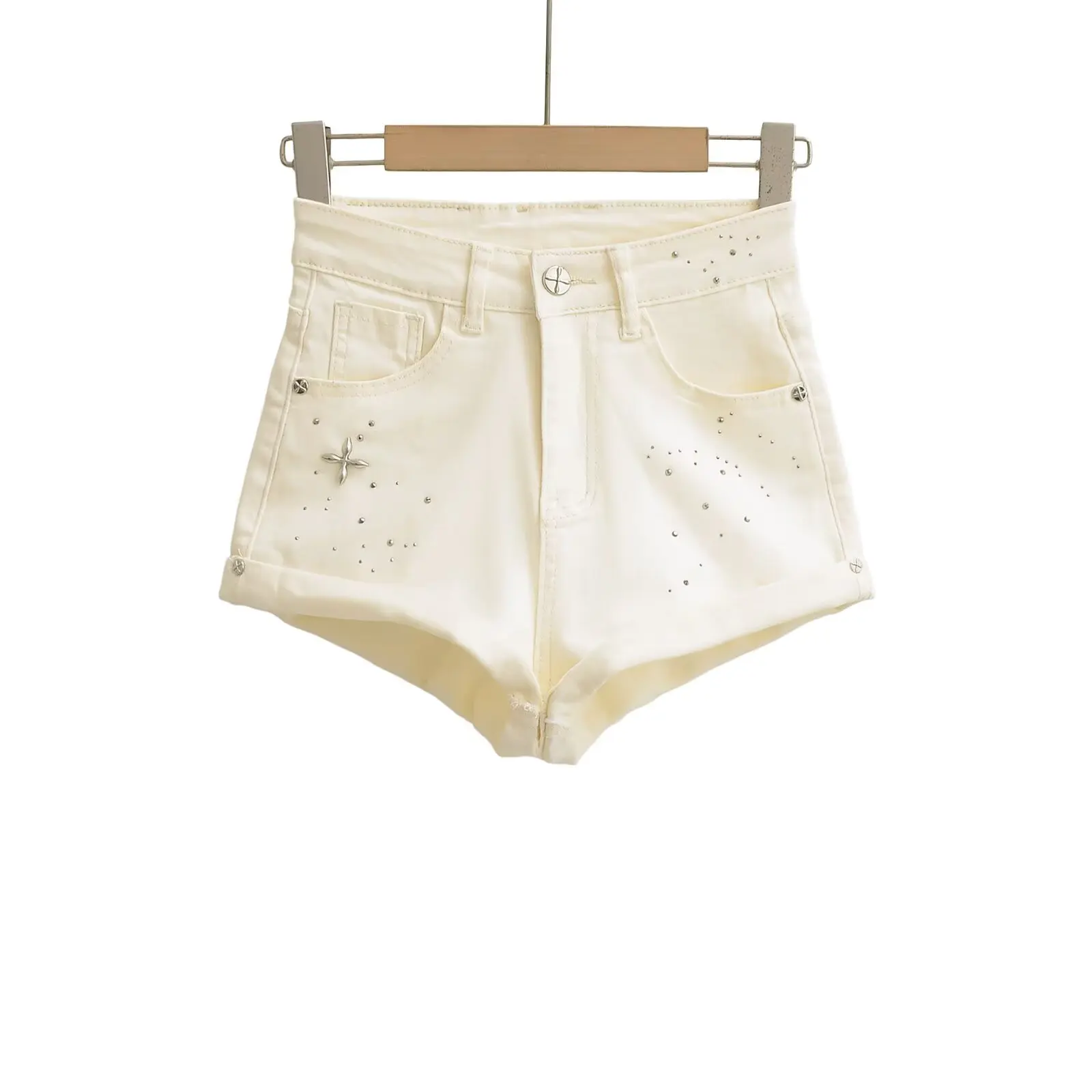 American Sle Spicy Girl Heavy Embellied Rhinestone Cuffed Denim Orts Dames Zomer Koreaanse Faion Veelzijdige wijde pijpen A-L...