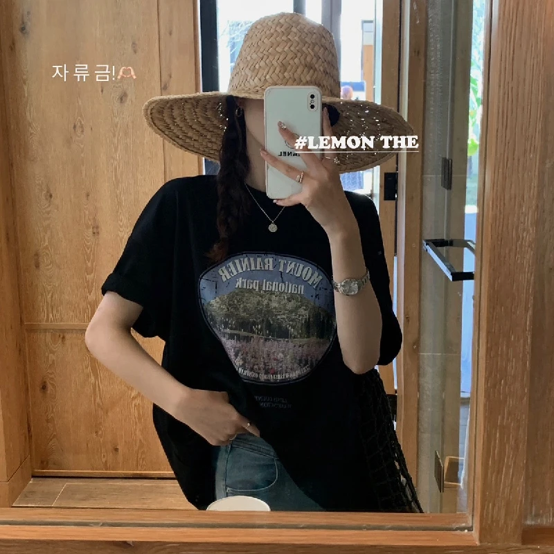 Summer Casual Loose ort Sve round Ne T-irt Versatile Comfortable Lazy Sle Top Women's Faion Polyester Fabric