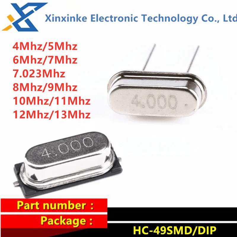 50PCS HC-49S DIP SMD Quartz Crystal Passive Clock Crystal Oscillator Quartz Resonator 4M/5M/6M/7M/8M/9M/10M/11M/12M/13MHZ
