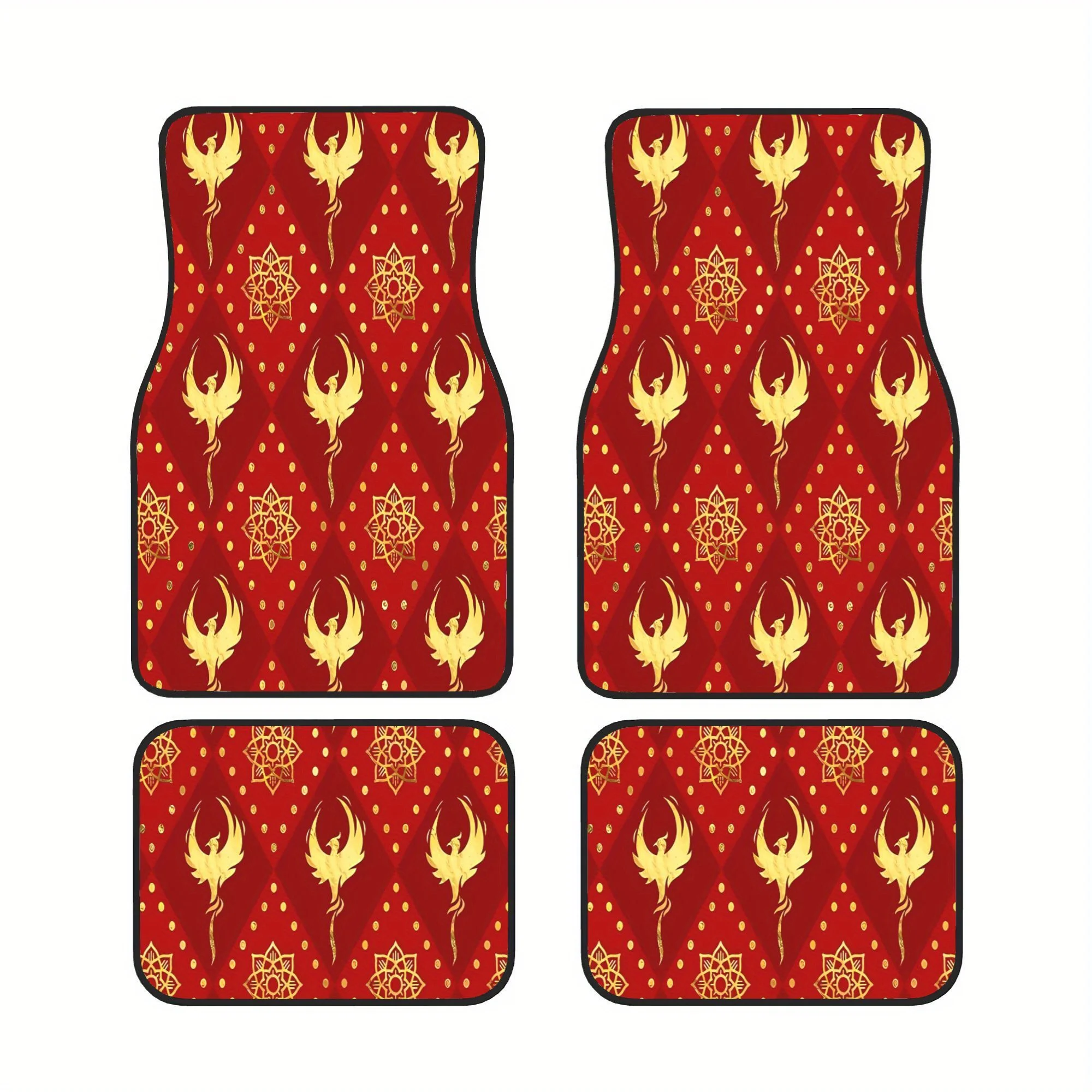Golden Phoenix And For Lotus Symbol Pattern On Red Gift Four Part Floor Mat Set Designed For Daily Drivers Who Enjoy A Coordinat