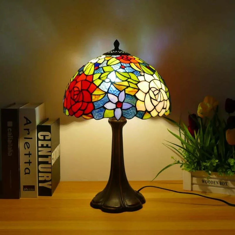 12inch Tiffany Table Lamp Multi-Color Flowers Style Stained Glass Bedside Reading Desk Light for Bedroom Home Office Decor
