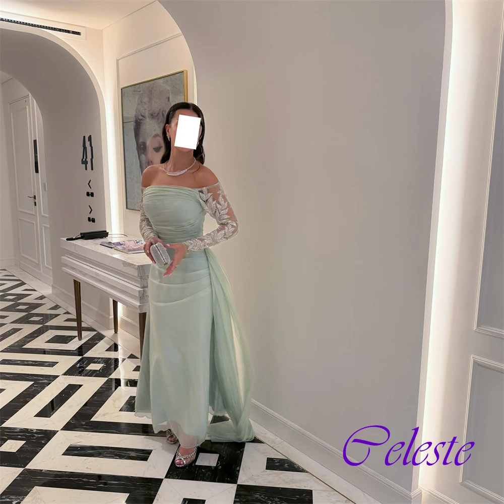 Gaun Malam Lurus Organza Lengan Panjang Bahu Terbuka Kustom Gaun Pesta Kristal Berkilau Gaun Acara Khusus