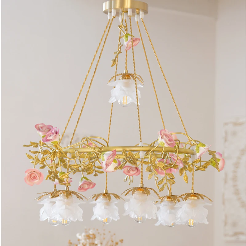 Lampadario pastorale francese E27 lampade a sospensione in ceramica rosa per Living Home Decor illuminazione sospensione Design luster apparecchi di illuminazione